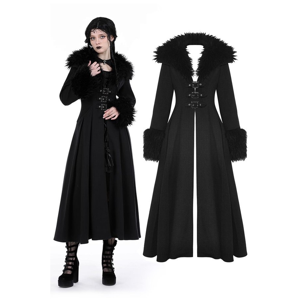 Dark in Love - Gothic fur neck and sleeves woolen maxi Coat - Black